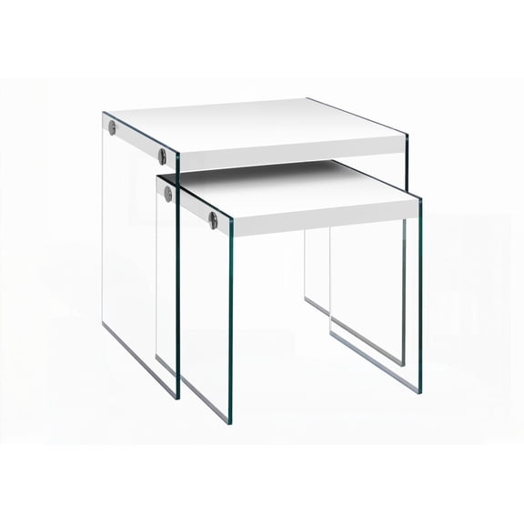 Set of 2 Glossy White Nesting Tables with Tempered Glass Base|Contemporary Design