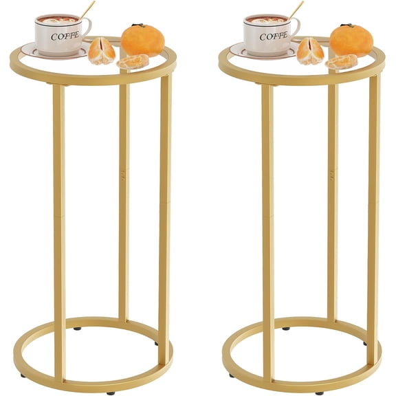 Set of 2 Gold C Table Side End Tables, Glass Round Sofa Side Tables with Metal Frame