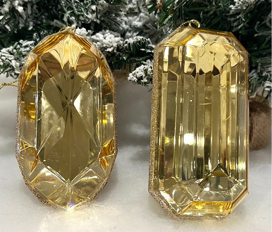 Set of 2, Gold Emerald Cut Ornaments, 5 Inch, Oblong and Rectangle