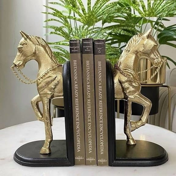 Set of 2 Gold Metal Aluminum Horse Sculptures - Decorative Table Dcor & Bookends (9x12")"