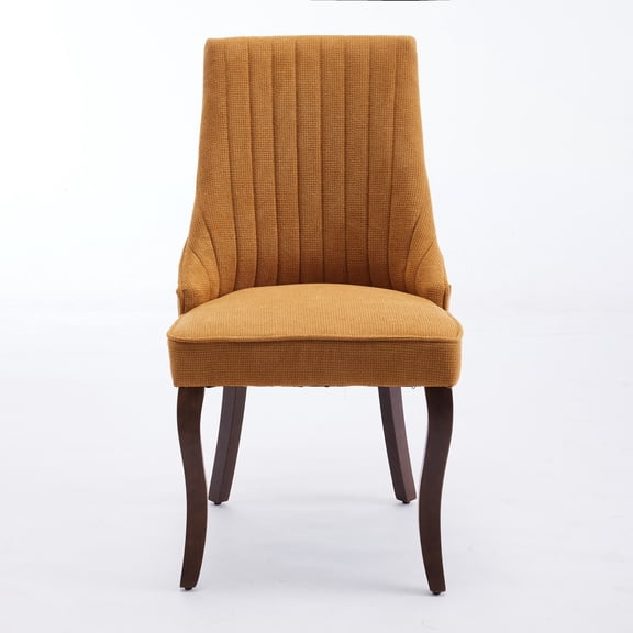 Set of 2 Gold Rayon Flocking Linen Dining Chairs: Curved Solid Wood Legs, High Backrest, Triple Elastic Cushion for Ultimate Dining Room Comfort.