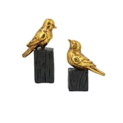 Set of 2 Gold Resin Songbird Sculpture On Black Faux Branch, L4.5x2.5x7.5" S4.5x2.5x6"