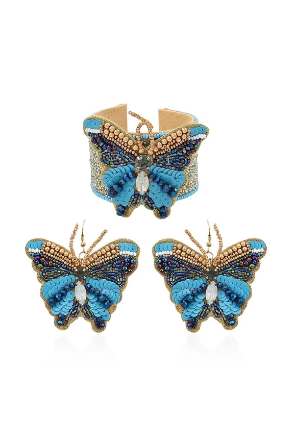 Set of 2 Goldtone Turquoise Seed Bead Butterfly Earrings Cuff Bangle Bracelet Set for Women Jewelry Birthday Christmas Gifts