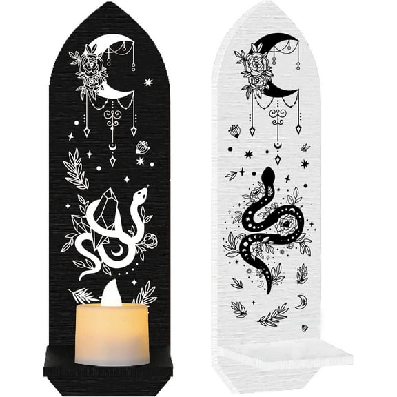 Set of 2 Gothic Wall Candle Holder Shelf Mounted Wooden Pillar Sconces Candlestick Moon Snake Flowers Display Stand