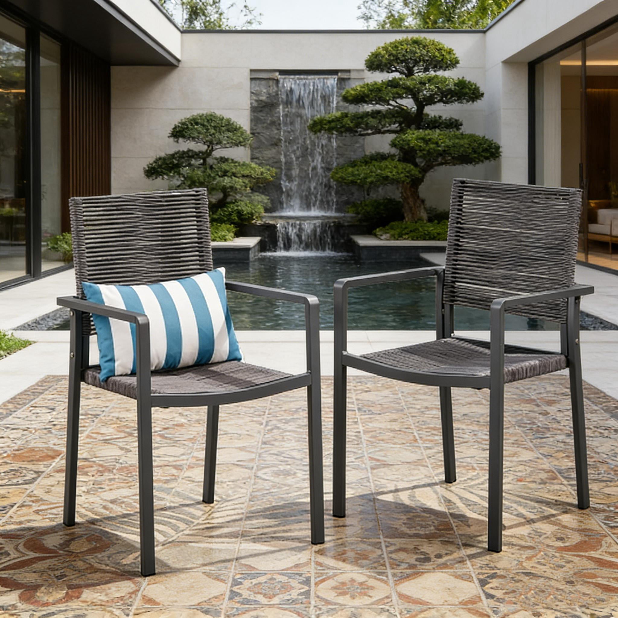 Set of 2 Gray Aluminum Outdoor Dining Chairs with Woven Rope Seat, Modern Patio Seating for Garden or Deck