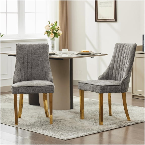 Set of 2 Gray Chenille Upholstered Dining Chairs with Golden Legs, High Back Kitchen Accent Chairs for Comfortable Seating