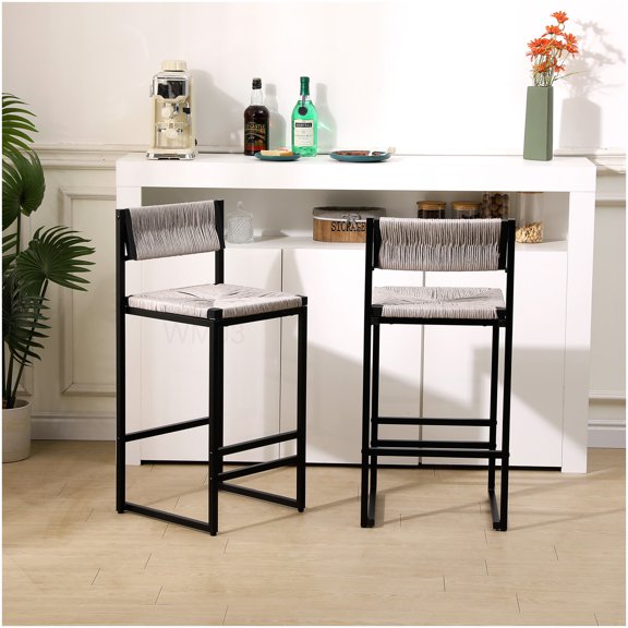 Set of 2 Gray Counter Bar Stools with Backrest, Paper Rope Woven Seat and Back, Metal Frame Kitchen Island Stools