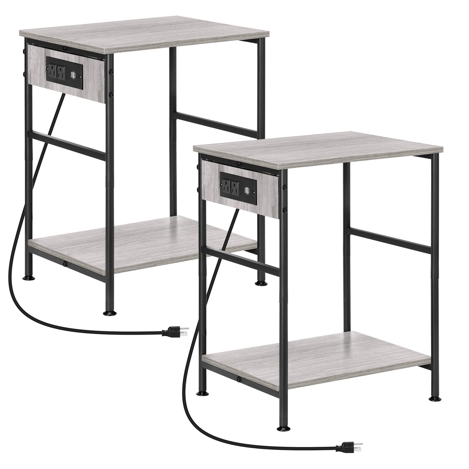 Set of 2 Gray End Tables with Charging Station, Slim Industrial Nightstands for Living Room Bedroom