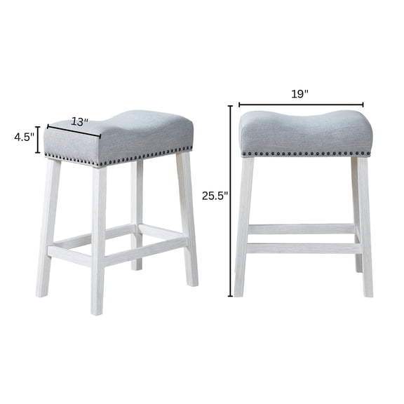 Set of 2 Gray Fabric Counter Height Stools with White-Washed Wood Finish, Saddle Seat Design for Kitchen Island, 25.5 Inch Seat Height