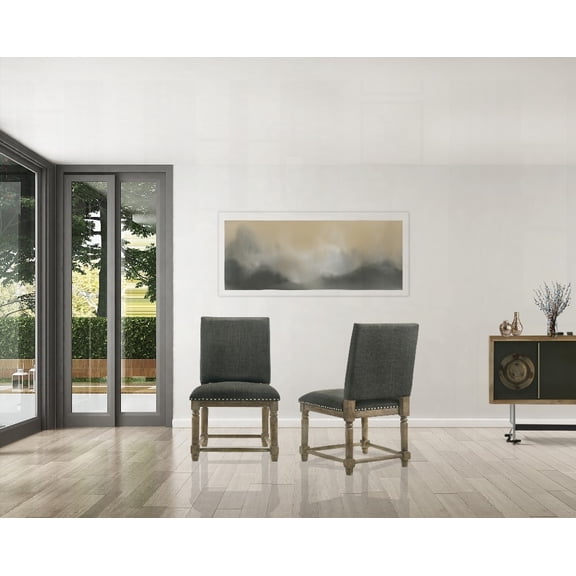 Set of 2 Gray Fabric Dining Chairs with Bronze Nailhead Trim - Modern Style, Solid Wood Legs