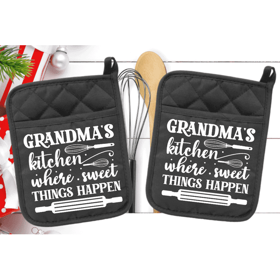 Set of 2 Gray Grandmas kitchen where sweet thing happen Pot Holder - Oven Mitt - Hot Pad - Polyester & Neoprene  - 9" x 7" svg101