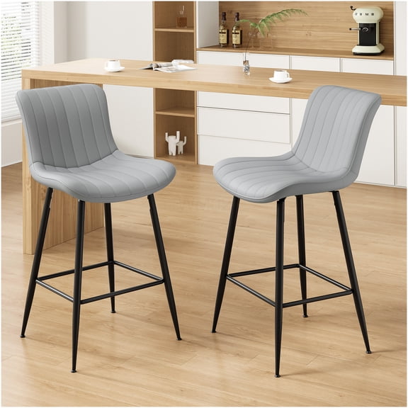 Set of 2 Gray Modern Counter Stools, Faux Leather Upholstered Bar Height Chairs with Metal Legs for Kitchen Island, Dining Room