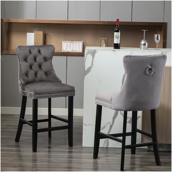Set of 2 Gray Velvet Bar Chairs with Button Tufted Back and Wood Legs, Chrome Accent Modern Kitchen Stools for Counter Height Table