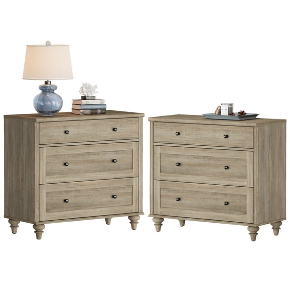 Set of 2 Gray Wash End Tables with Drawers, Mid Century Modern Wooden Closet Storage Organizer