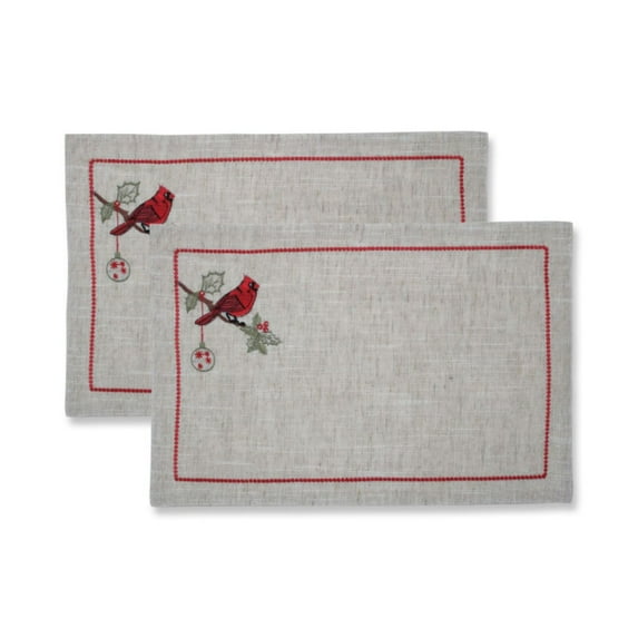 Set of 2 Gray and Red Embroidered Christmas Cardinal Rectangular Placemats 18.5"