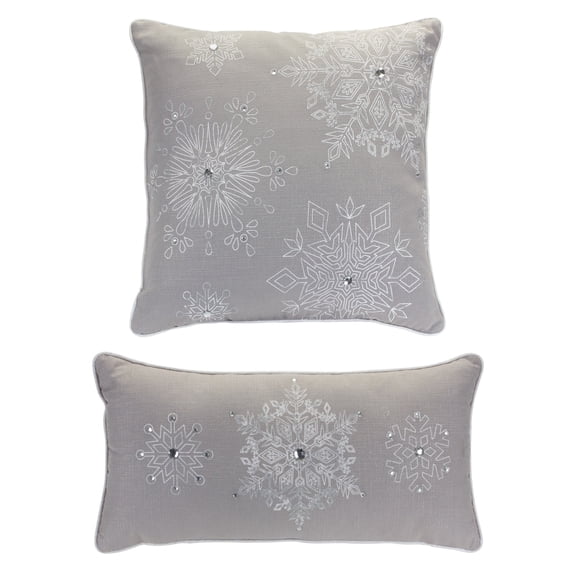 Set of 2 Gray and White Christmas Snowflakes Throw Pillow 19"