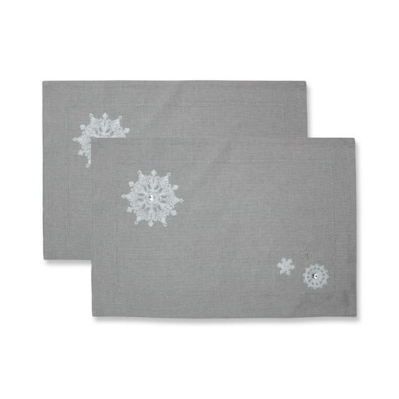 Set of 2 Gray and White Embroidered Christmas Snowflakes Rectangular Placemats 18.5"