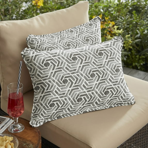 Set of 2 Gray and White Geometric Flange Comfortable Indoor and Outdoor Rectangular Throw Pillow, 20"