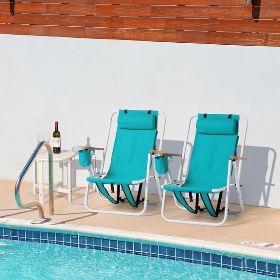 Set of 2 Green 4-Position Recline Folding Beach Chairs, Portable with Backpack Feature & Wooden Armrests for Camping Comfort