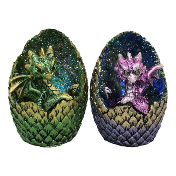 Set of 2 Green And Pink Baby Dragons In LED Faux Geode Eggs With Dragon Scales