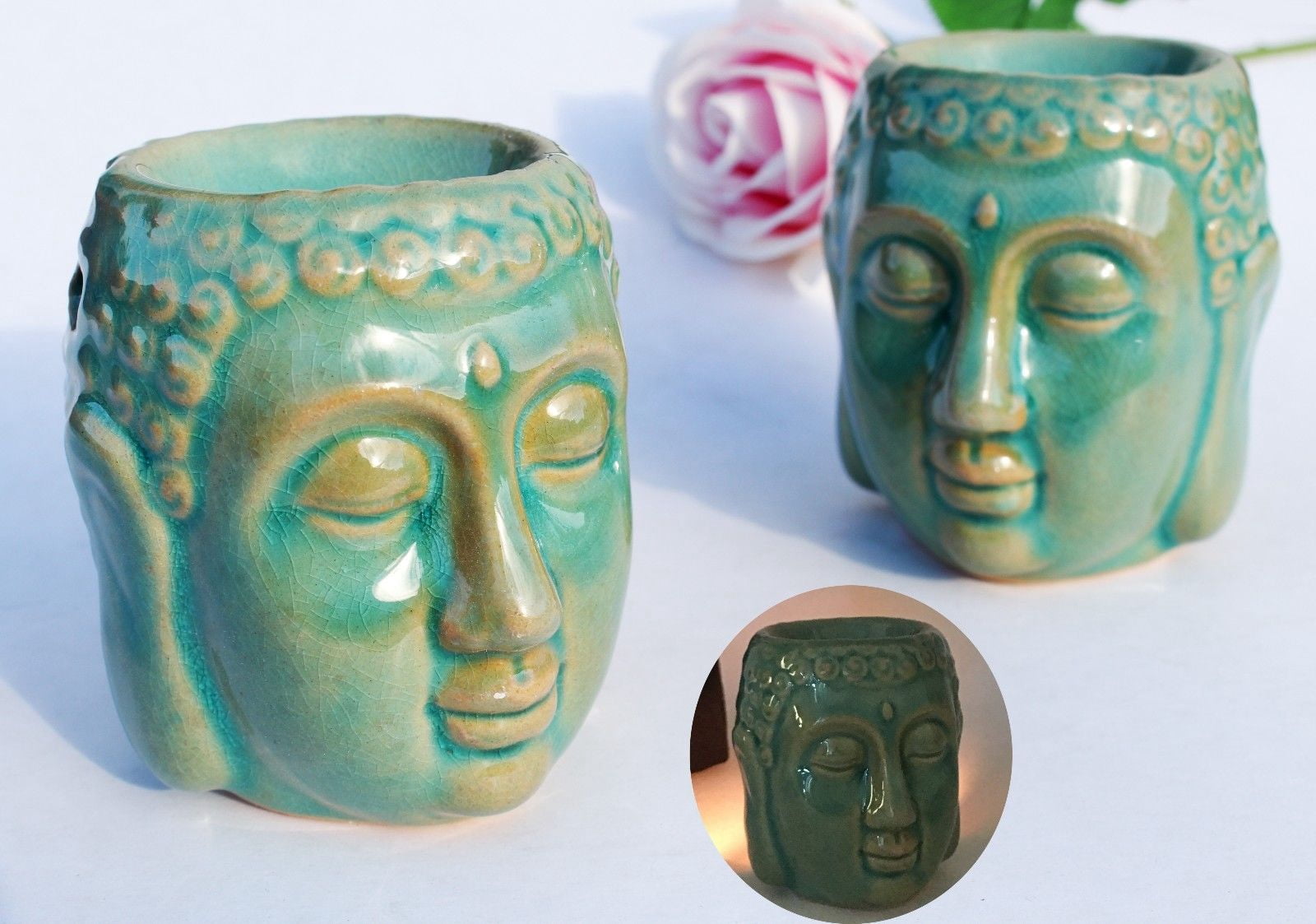 Set of 2 Green Nice Essential Oil Burner Diffuser Aroma Aromatherapy Air Freshener Buddha Shakyamuni Ceramic For Yoga SPA Meditation