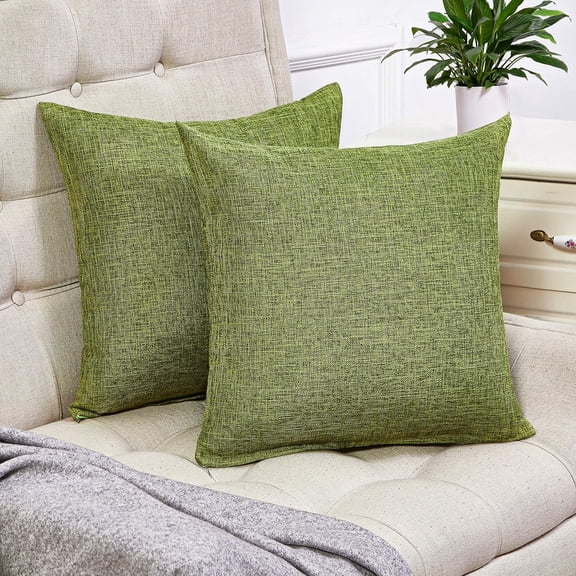 Set of 2 Green Pillow Covers Rustic Linen Decorative Square Throw Pillow Covers 18x18 Inch for Sofa Couch Decoration