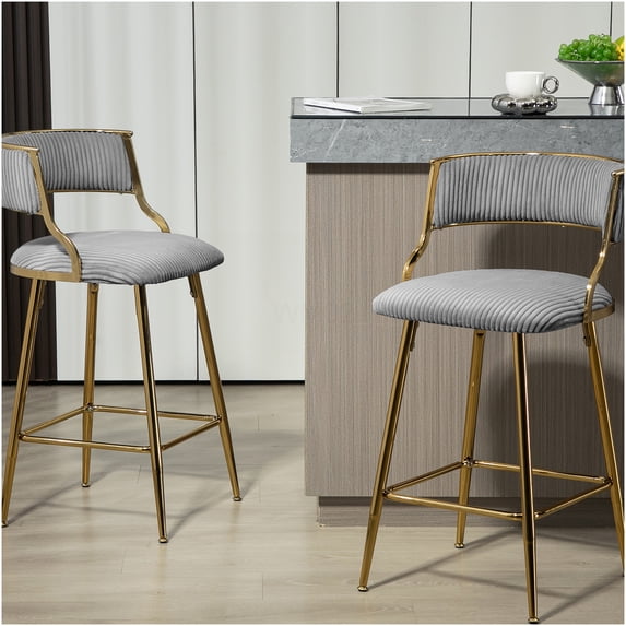 Set of 2 Grey Corduroy Counter Height Bar Stools with Back, Golden Chrome Base and Footrest, 26 Inch Kitchen Island Stools