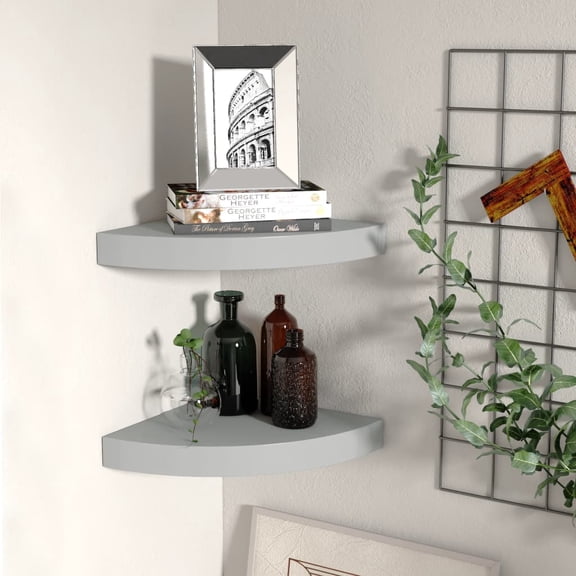 Set of 2 Grey Floating Corner Shelves Honeycomb MDF Wall Mounted Storage Display Shelf for Home Interior Decoration