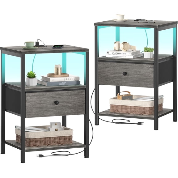 Set of 2 Grey Nightstands with Charging Station and LED Light, Modern Bedside Table with Fabric Drawer for Bedroom