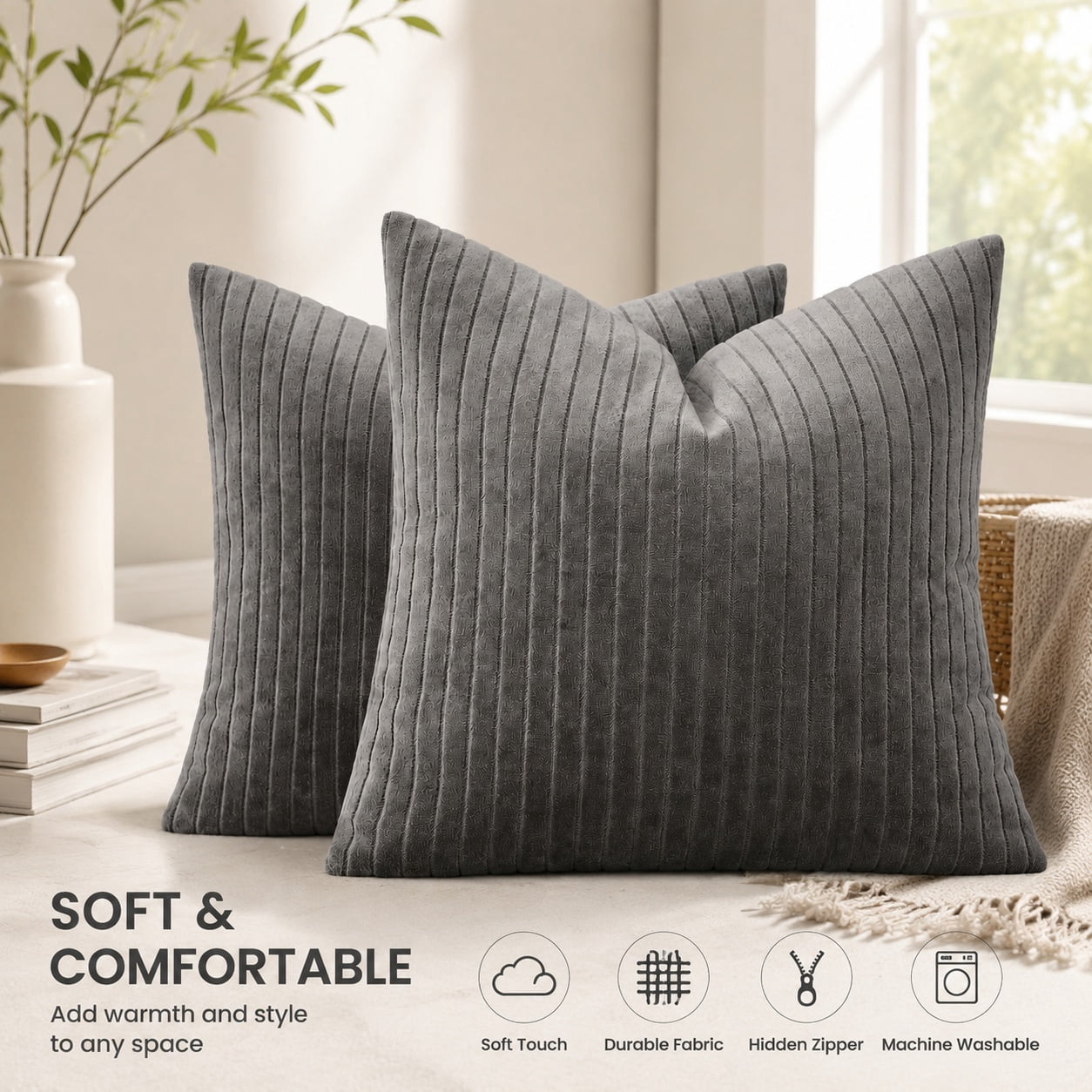 Set of 2 Grey Textured Striped Throw Pillow Covers 20x20 Inch