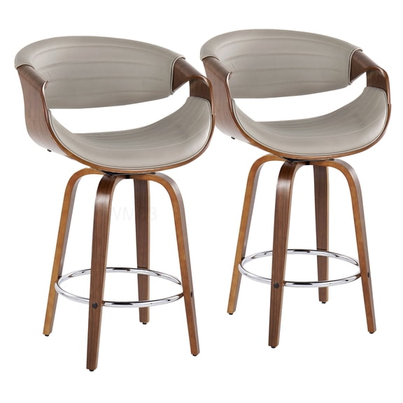 Set of 2 Grey Upholstered Counter Height Swivel Stools with Walnut Legs and Chrome Footrest