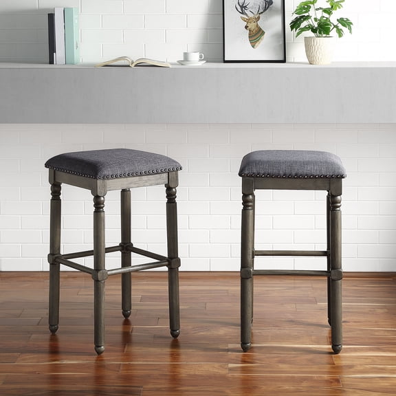 Set of 2 Grey Wood Bar Stools with Upholstered Seat for Kitchen Counter, Rustic Rubberwood Barstools