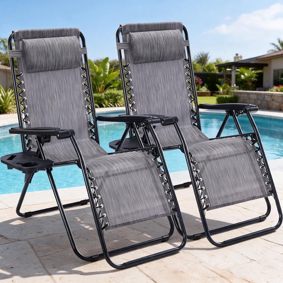 Set of 2 Grey Zero Gravity Lounge Chairs, Folding Outdoor Sling Patio Chairs with Cup Holder & Headrest
