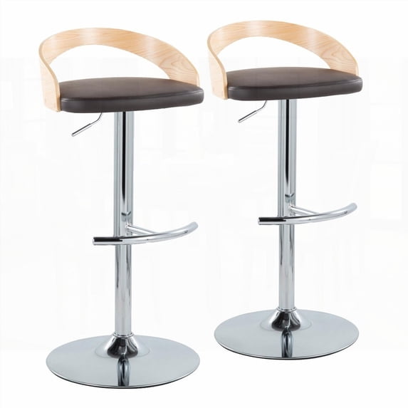 Set of 2 Grotto Contemporary Barstools - Chrome Metal, Natural Wood & Brown Faux Leather with 360° Swivel & Rounded T Footrest