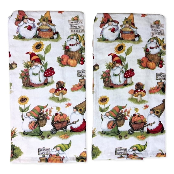 Set of 2 HARVEST GNOME Autumn Toss Terry Kitchen Towels by Kay Dee Designs
