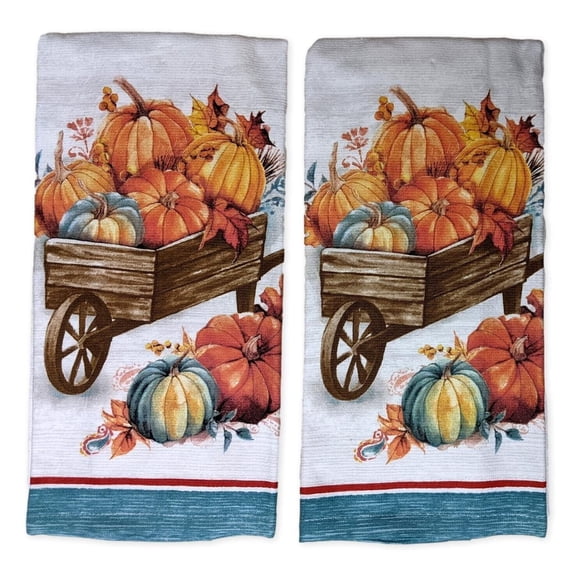 Set of 2 HARVEST PUMPKIN WHEELBARROW Terry Kitchen Towels by Kay Dee Designs