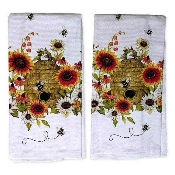 Set of 2 HARVEST SUNFLOWER Bee Skep Terry Kitchen Towels by Kay Dee Designs