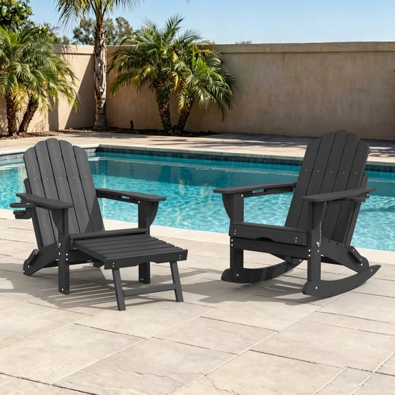 Set of 2 HDPE Adirondack Rocking Chairs with Ottoman, Folding 4-in-1 Patio Rocker, Gray
