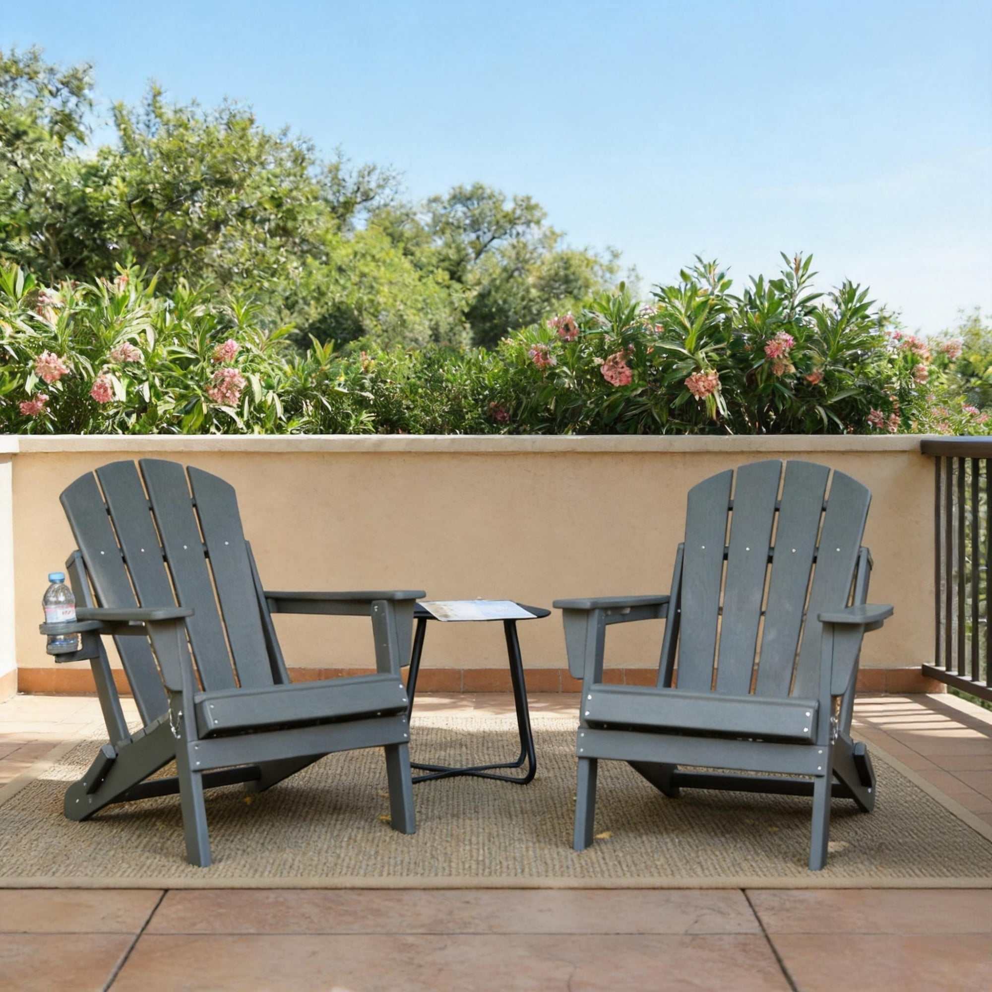 Set of 2 HDPE Folding Adirondack Chair with Cup Holder, Composite Wood Texture Outdoor Chair for Patio, Garden, Poolside, Deck, Backyard, Gray