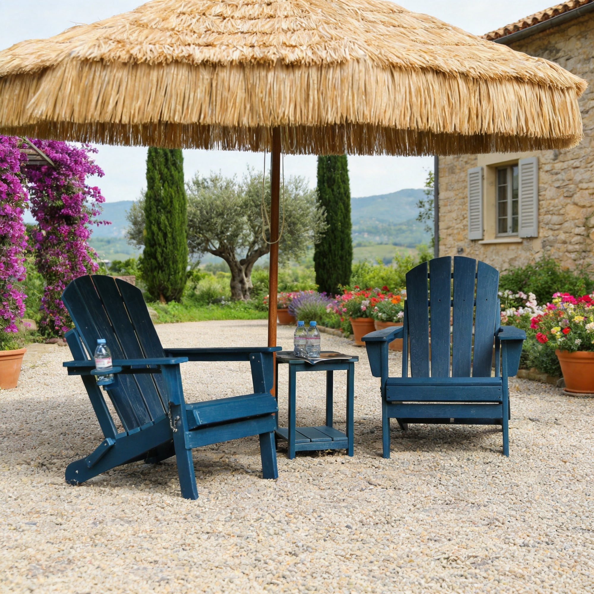 Set of 2 HDPE Folding Adirondack Chair with Cup Holder, Composite Wood Texture Outdoor Chair for Patio, Garden, Poolside, Deck, Backyard, Navy Blue