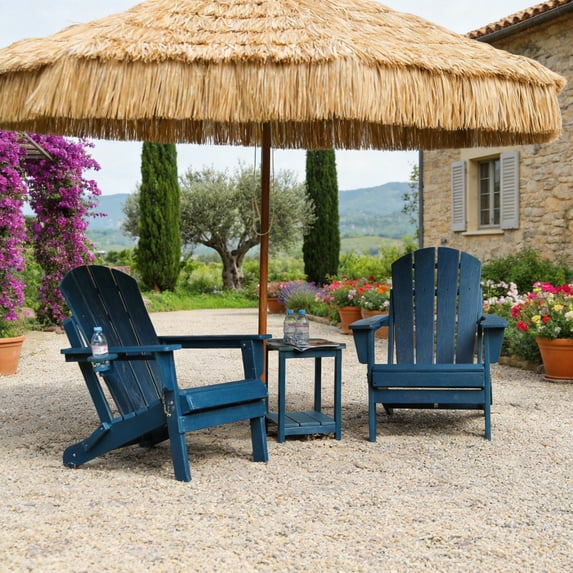 Set of 2 HDPE Folding Adirondack Chair with Cup Holder, Composite Wood Texture Outdoor Chair for Patio, Garden, Poolside, Deck, Backyard, Navy Blue