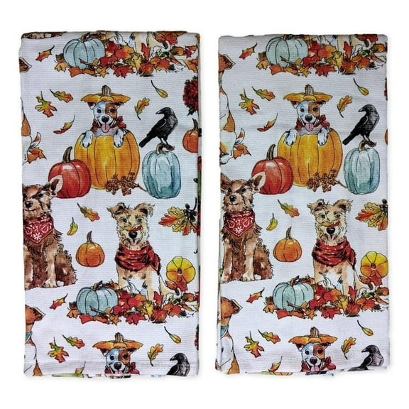 Set of 2 HELLO AUTUMN PUPPY DOGS Terry Kitchen Towels by Kay Dee Designs