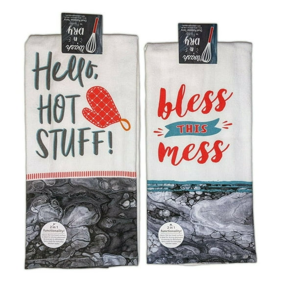 Set of 2 HELLO HOT STUFF! & BLESS THIS MESS Kitchen Towels by Kay Dee Designs