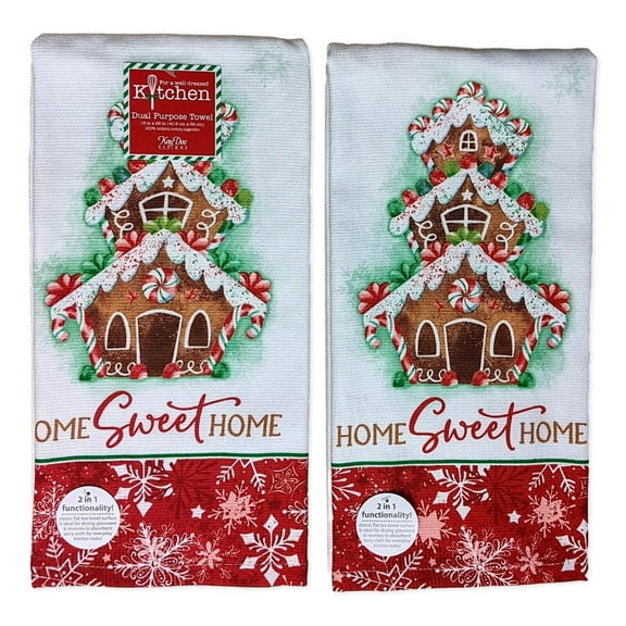 Set of 2 HOME SWEET HOME Gingerbread Christmas Terry Kitchen Towels by Kay Dee