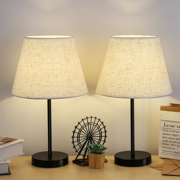 Set of 2 Haitral Modern Black Metal Bedside Lamp with White Linen Shade