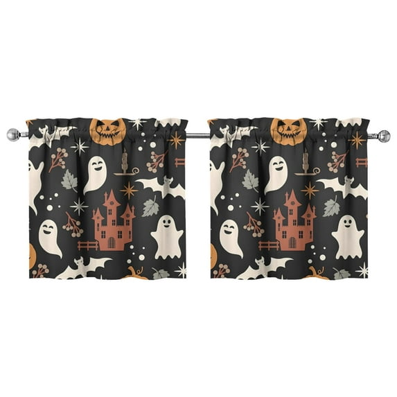 Set of 2 Halloween Caf Curtains with Ghost and Witch Print, Spooky Horror Themed Semi-Sheer Window Panels 27.5x24in(70x60cm) Kitchen Curtains