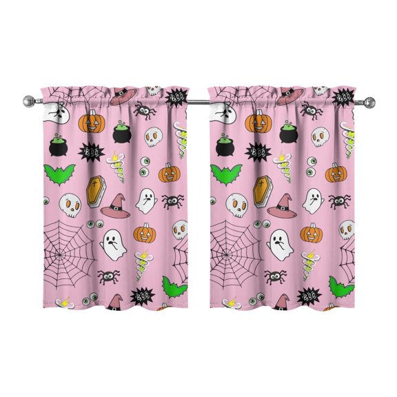 Set of 2 Halloween Caf Curtains with Skeleton and Pumpkin Print, Spooky Horror Themed Rod Pocket Kitchen Panels 27.5x36in(70x90cm) Kitchen Curtains