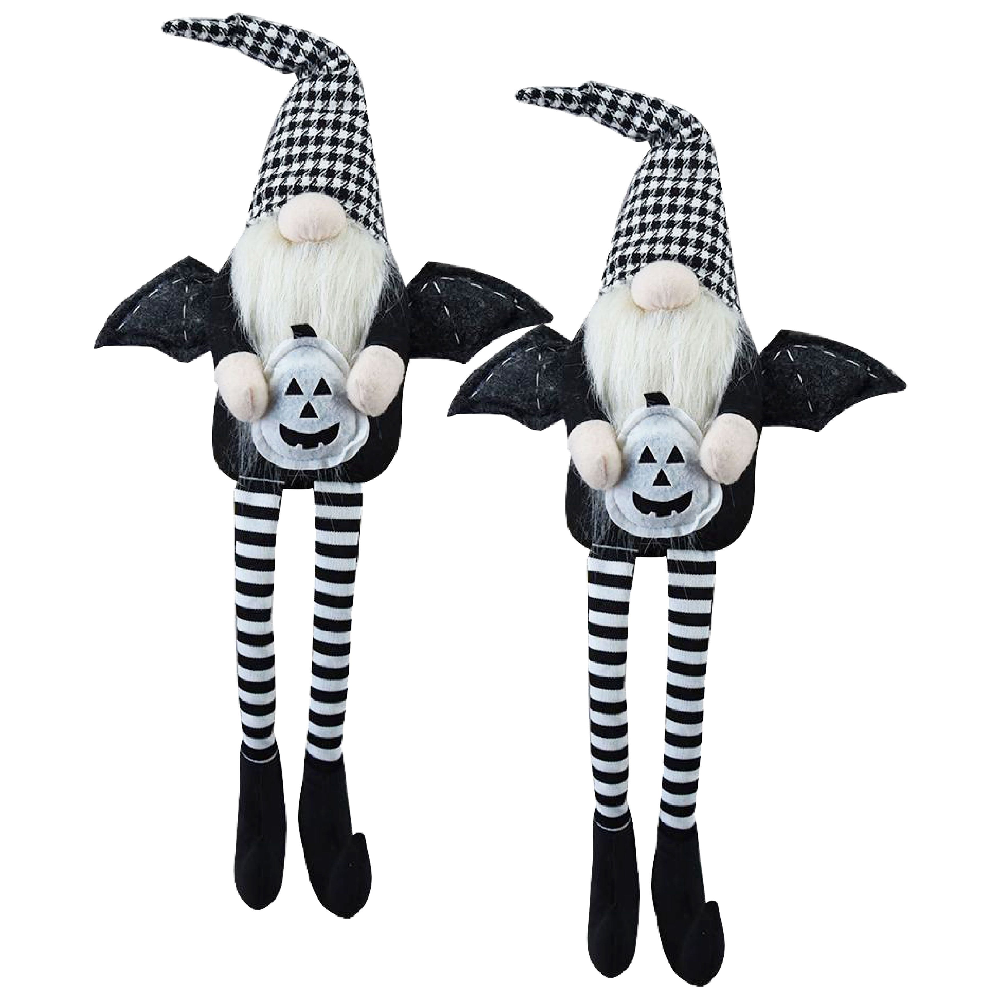 Set of 2 Halloween Gnome Decorations 23.5IN Polyester Fabric Sitting Gnome with Jack-O-Lantern for Indoor Tabletop Shelf Display