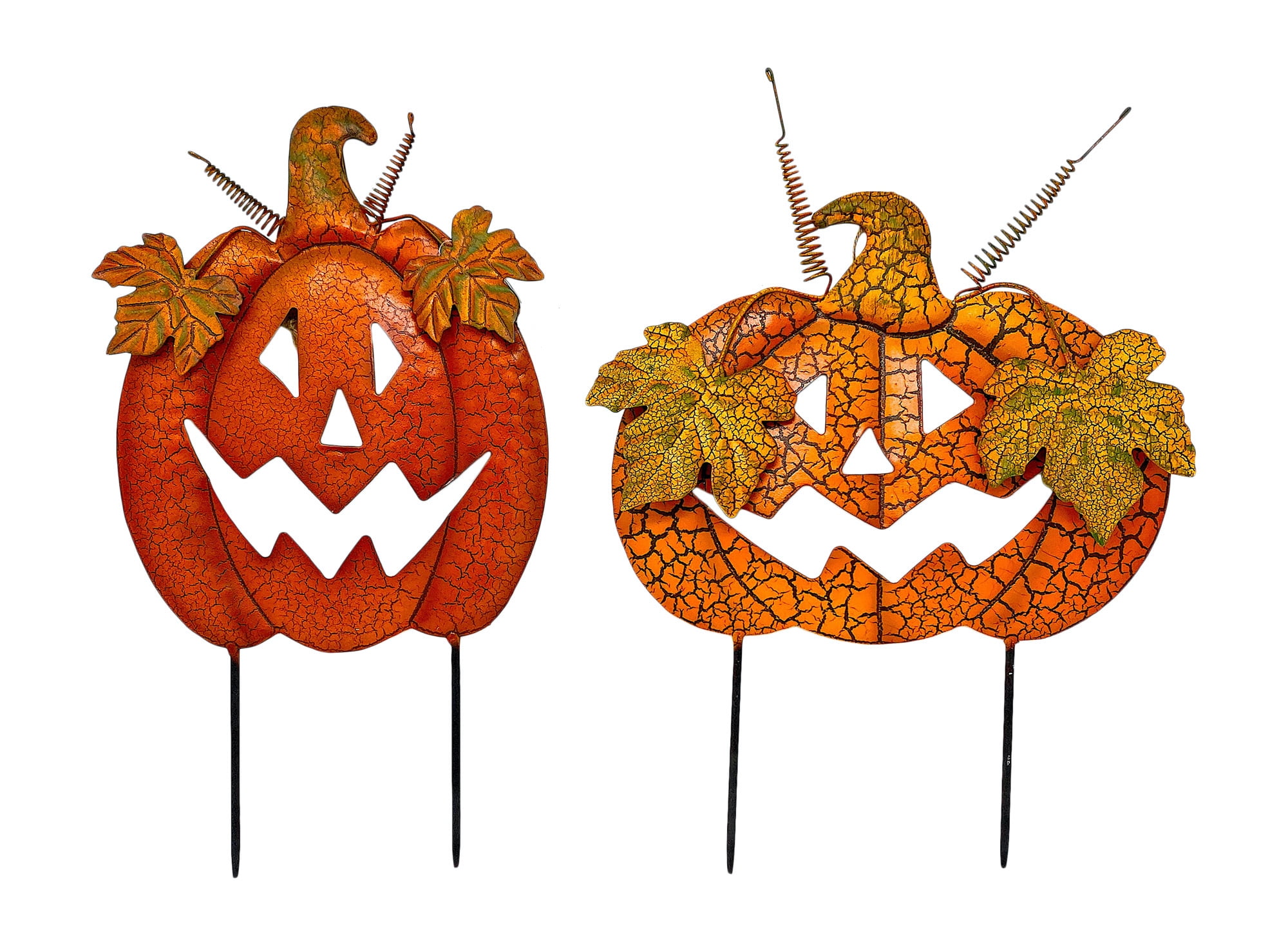 Set of 2 Halloween Pumpkin Garden Stakes Outdoor Metal Decor Orange