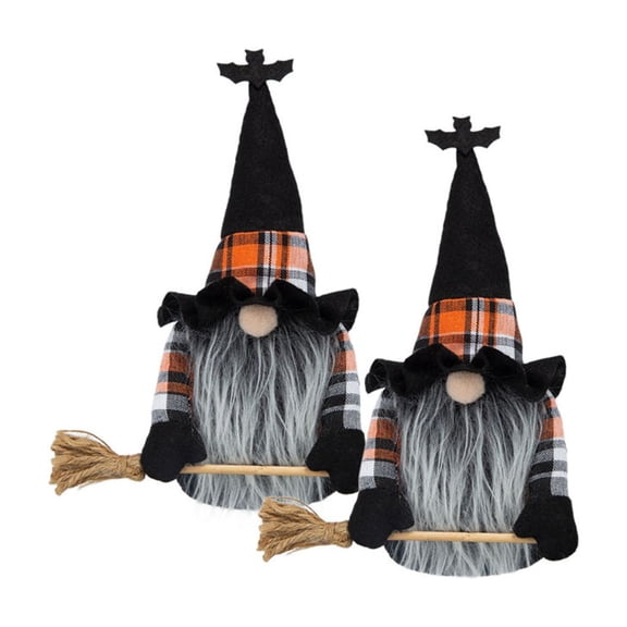 Set of 2 Halloween Witch Gnomes Plush Ornaments, Buffalo Plaid Faceless Gnome with Broom & BatTop Hat, Fall Harvest Tabletop Decor for Home Party